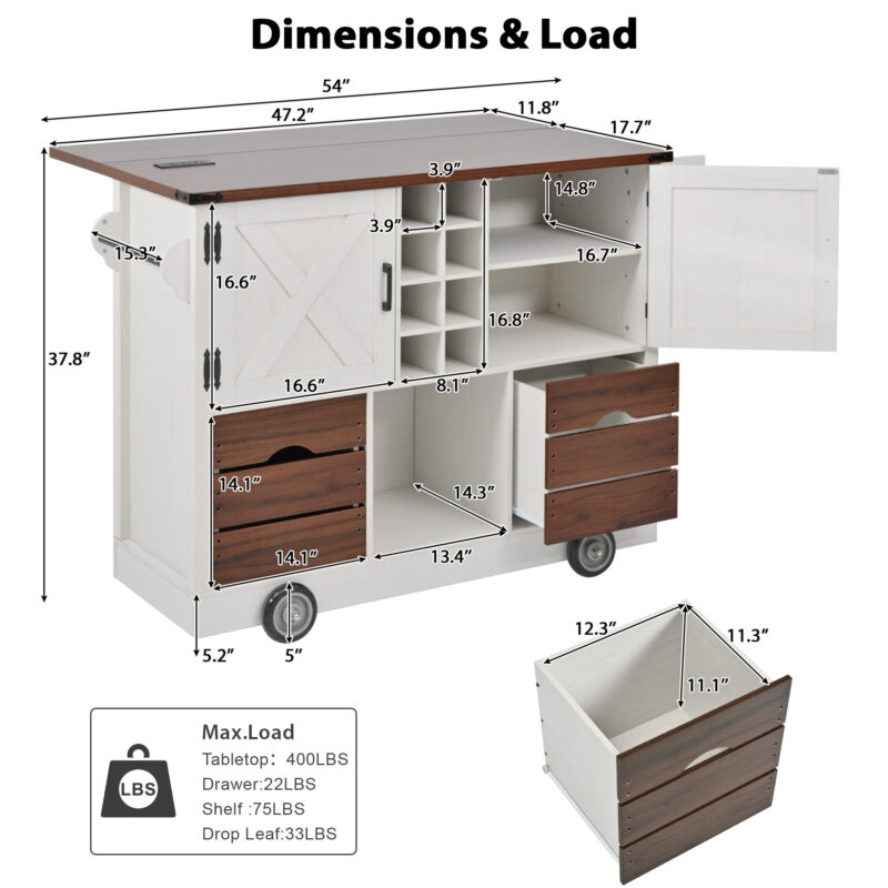 K&K 54" Farmhouse Kitchen Island with Drop Leaf, Power Outlet, Kitchen Storage Cart with 2 Doors, 2 Drawers, Rolling Kitchen Island on 4 Large Wheels with Spice Rack for Kitchen, Dining Room - Image 15