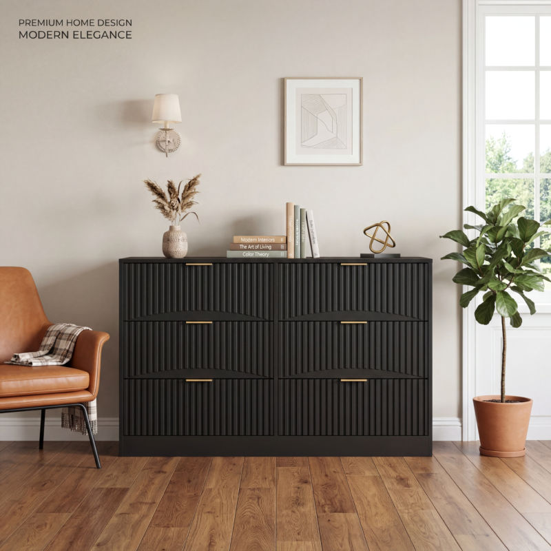 Modern 6-Drawer Dresser, Chest of Drawers for Bedroom, Living Room, Hallway, and Entryway - Large Storage Cabinet, Black,Drawer panel with wavy patterns - Image 3