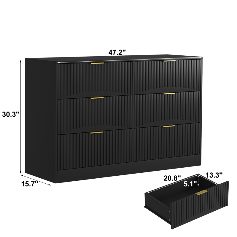 Modern 6-Drawer Dresser, Chest of Drawers for Bedroom, Living Room, Hallway, and Entryway - Large Storage Cabinet, Black,Drawer panel with wavy patterns - Image 4