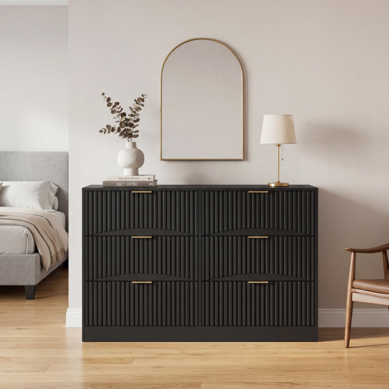 Modern 6-Drawer Dresser, Chest of Drawers for Bedroom, Living Room, Hallway, and Entryway - Large Storage Cabinet, Black,Drawer panel with wavy patterns - Image 2