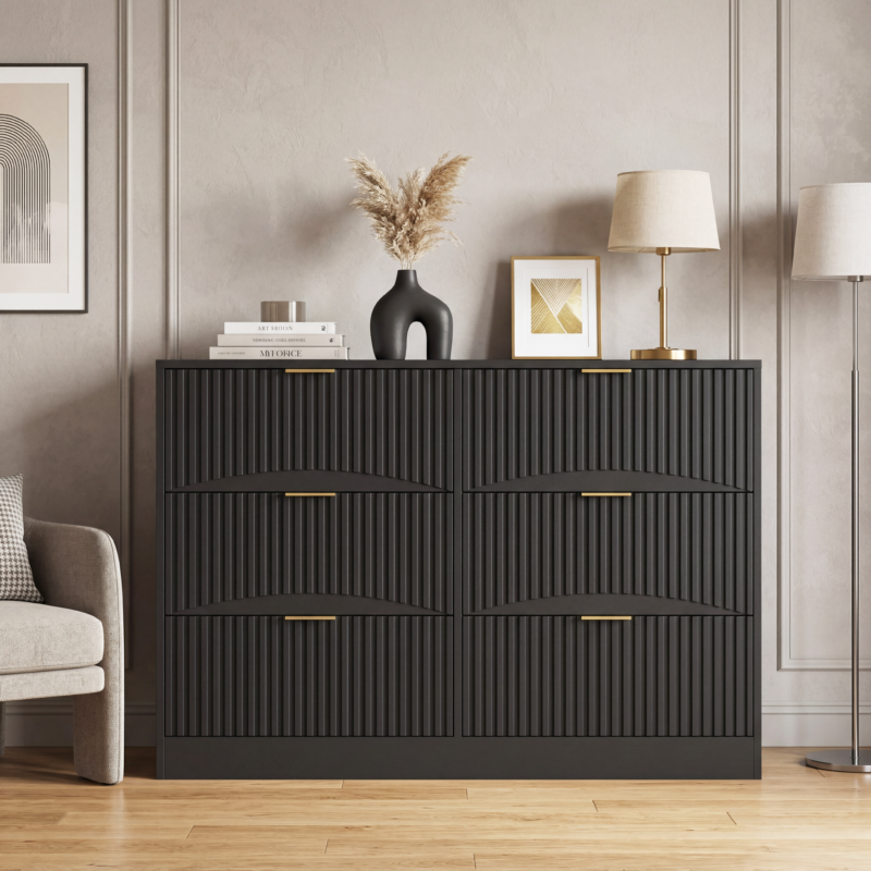 Modern 6-Drawer Dresser, Chest of Drawers for Bedroom, Living Room, Hallway, and Entryway - Large Storage Cabinet, Black,Drawer panel with wavy patterns - Image 10