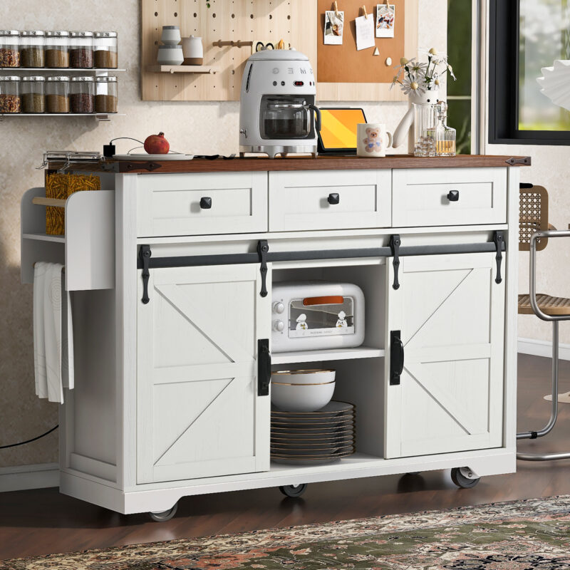 K&K 53.7" Farmhouse Kitchen Island with Power Outlet, 2 Sliding Barn Door Kitchen Storage Island with Drop Leaf, Spice Rack Rolling Kitchen Cart on Wheels, for Home, Kitchen and Dining Room - Image 3