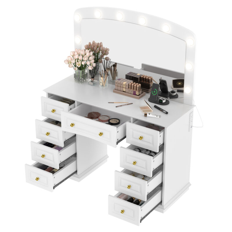 Luxurious Makeup Vanity with 10 Hollywood Bulbs, 3 Color Lighting Modes, Classic Dressing Table with Cushioned Stool and 9 Storage Drawers for Bedroom - Image 11