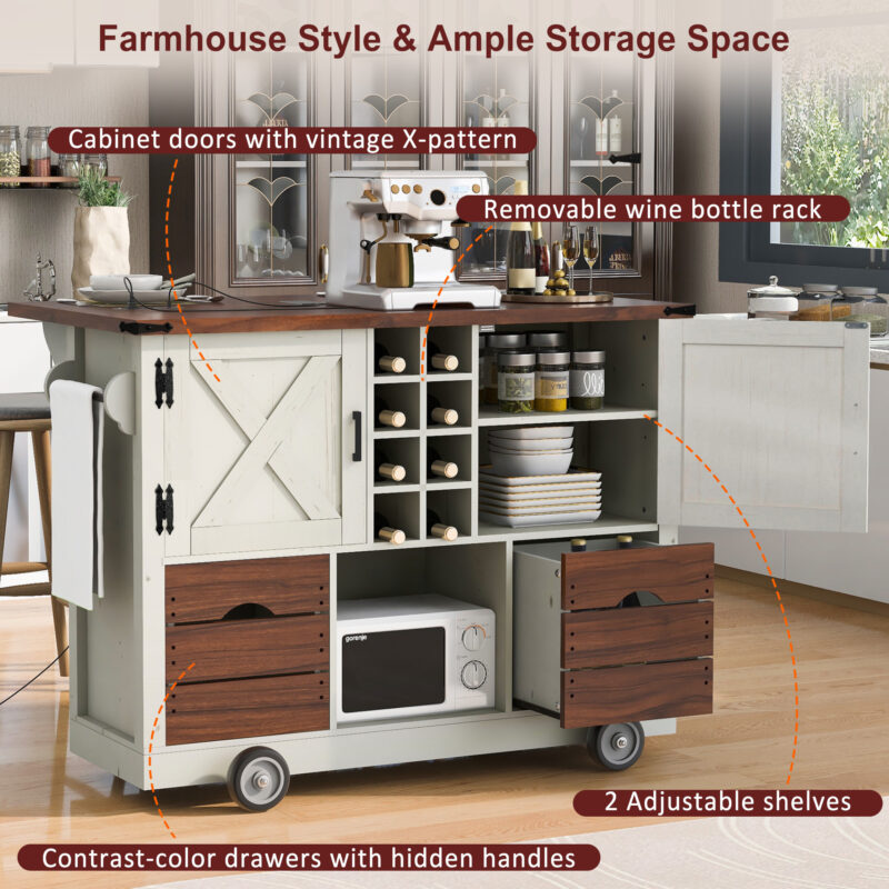 K&K 54" Farmhouse Kitchen Island with Drop Leaf, Power Outlet, Kitchen Storage Cart with 2 Doors, 2 Drawers, Rolling Kitchen Island on 4 Large Wheels with Spice Rack for Kitchen, Dining Room - Image 16