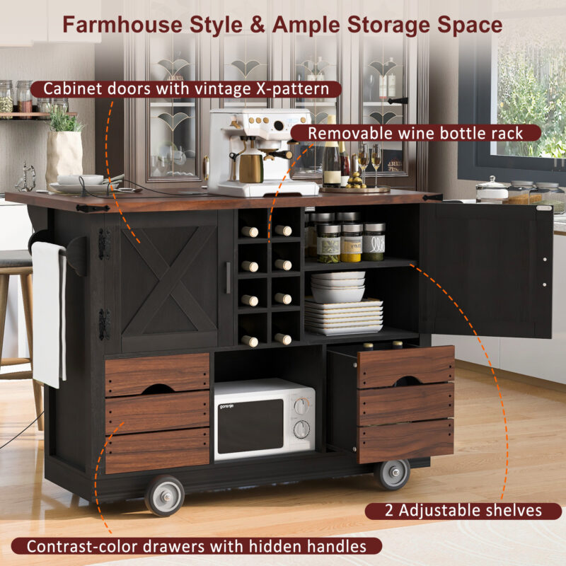 K&K 54" Farmhouse Kitchen Island with Drop Leaf, Power Outlet, Kitchen Storage Cart with 2 Doors, 2 Drawers, Rolling Kitchen Island on 4 Large Wheels with Spice Rack for Kitchen, Dining Room - Image 5