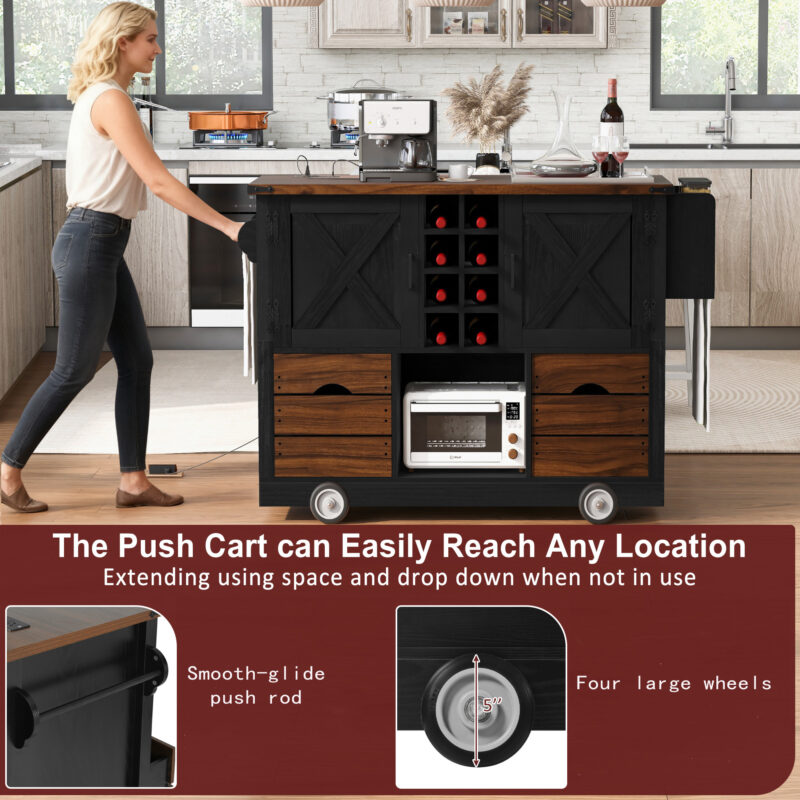 K&K 54" Farmhouse Kitchen Island with Drop Leaf, Power Outlet, Kitchen Storage Cart with 2 Doors, 2 Drawers, Rolling Kitchen Island on 4 Large Wheels with Spice Rack for Kitchen, Dining Room - Image 7