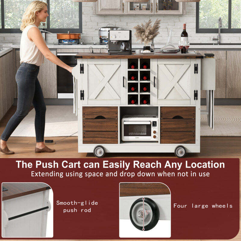 K&K 54" Farmhouse Kitchen Island with Drop Leaf, Power Outlet, Kitchen Storage Cart with 2 Doors, 2 Drawers, Rolling Kitchen Island on 4 Large Wheels with Spice Rack for Kitchen, Dining Room - Image 17