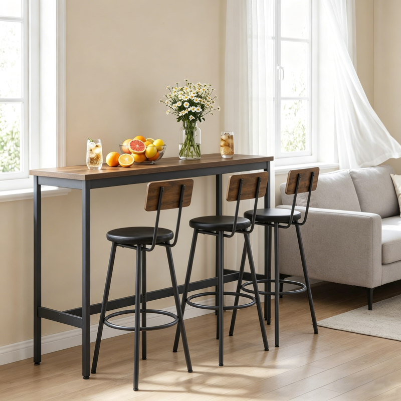 Bar Table and Chairs Set for 3, 4 Piece Industrial Dining Table Set with 3 PU Upholstered Bar Stools, Bar Table Set for Kitchen, Dining Room, Living Room, Bar, Cafe, Small Space Corner, Rustic Brown - Image 10