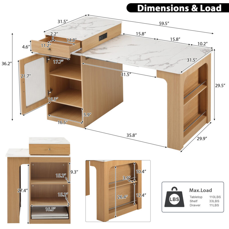 K&K 59.5" Kitchen Island with Extendable Dining Table, Kitchen Storage Table with Double-sided Storage, Kitchen Island with 2 Drawers, Power Outlet, Side Open Shelves, for Kitchen, Dining Room - Image 16