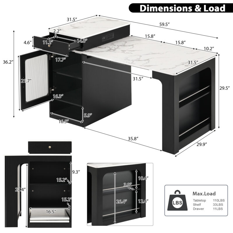 K&K 59.5" Kitchen Island with Extendable Dining Table, Kitchen Storage Table with Double-sided Storage, Kitchen Island with 2 Drawers, Power Outlet, Side Open Shelves, for Kitchen, Dining Room - Image 4