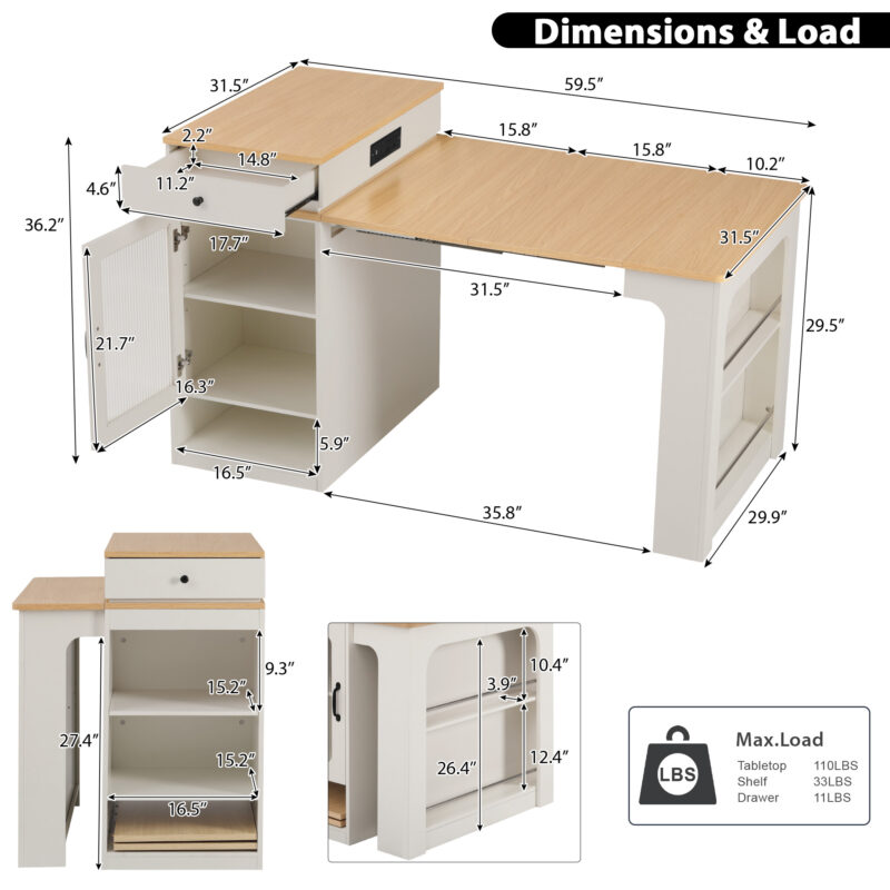K&K 59.5" Kitchen Island with Extendable Dining Table, Kitchen Storage Table with Double-sided Storage, Kitchen Island with 2 Drawers, Power Outlet, Side Open Shelves, for Kitchen, Dining Room - Image 26