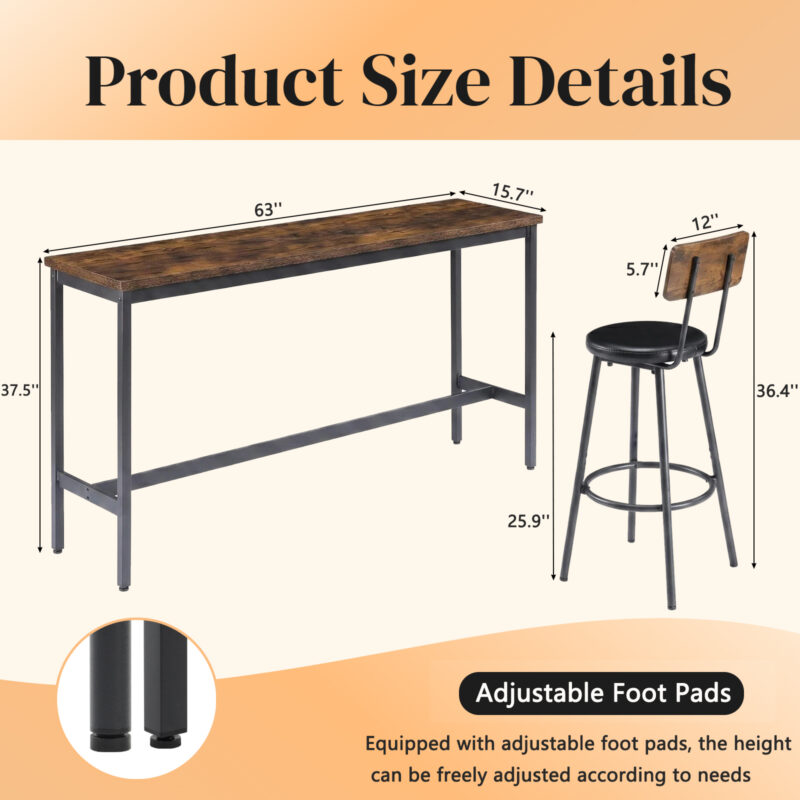 Bar Table and Chairs Set for 3, 4 Piece Industrial Dining Table Set with 3 PU Upholstered Bar Stools, Bar Table Set for Kitchen, Dining Room, Living Room, Bar, Cafe, Small Space Corner, Rustic Brown - Image 9