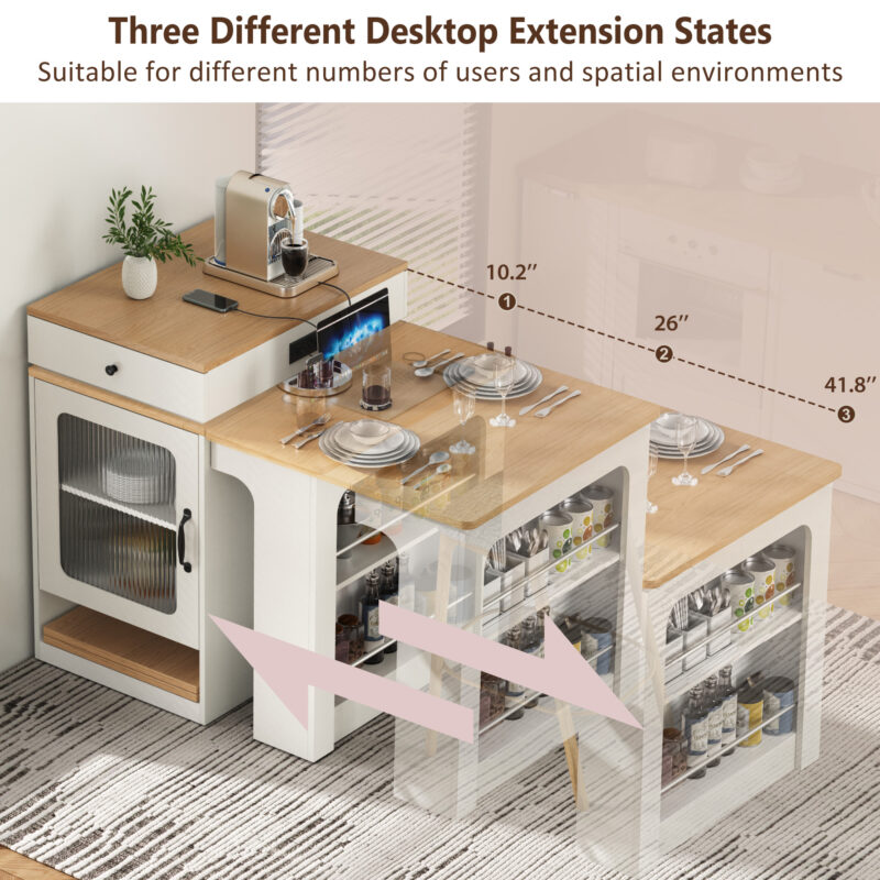 K&K 59.5" Kitchen Island with Extendable Dining Table, Kitchen Storage Table with Double-sided Storage, Kitchen Island with 2 Drawers, Power Outlet, Side Open Shelves, for Kitchen, Dining Room - Image 25