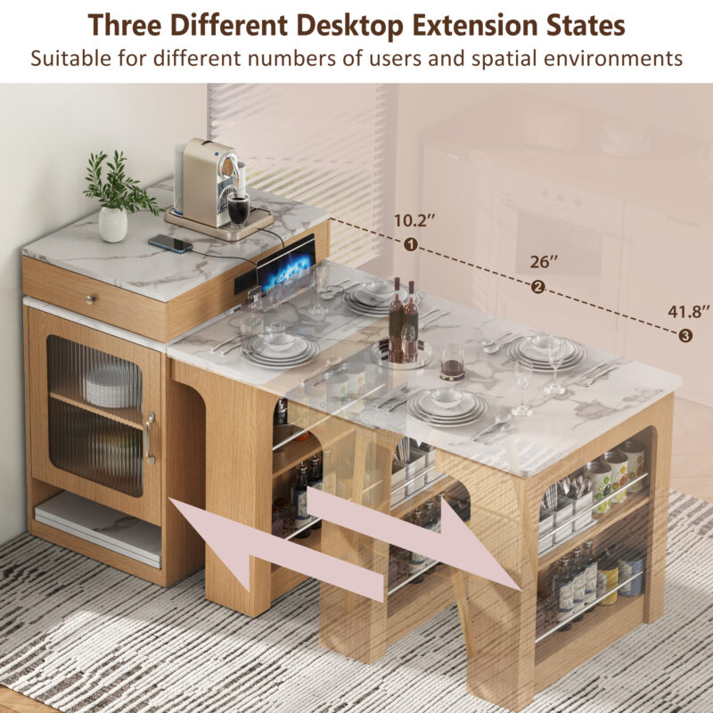 K&K 59.5" Kitchen Island with Extendable Dining Table, Kitchen Storage Table with Double-sided Storage, Kitchen Island with 2 Drawers, Power Outlet, Side Open Shelves, for Kitchen, Dining Room - Image 15