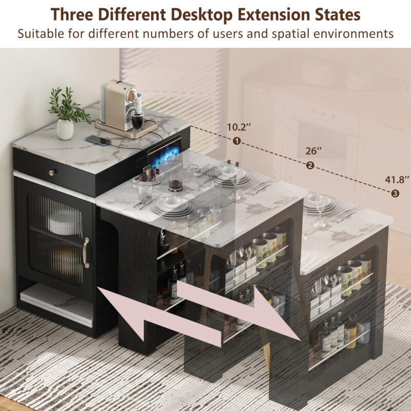 K&K 59.5" Kitchen Island with Extendable Dining Table, Kitchen Storage Table with Double-sided Storage, Kitchen Island with 2 Drawers, Power Outlet, Side Open Shelves, for Kitchen, Dining Room - Image 7