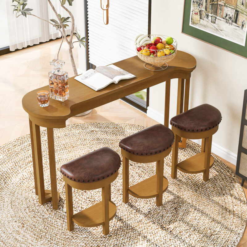 4 Piece Bar Table Set with3 PU Upholstered Bar Stools, Breakfast Table with 3 Padded Stools Solid Wood Counter Height Dining Table Set for Living Room, Dining Room - Image 14