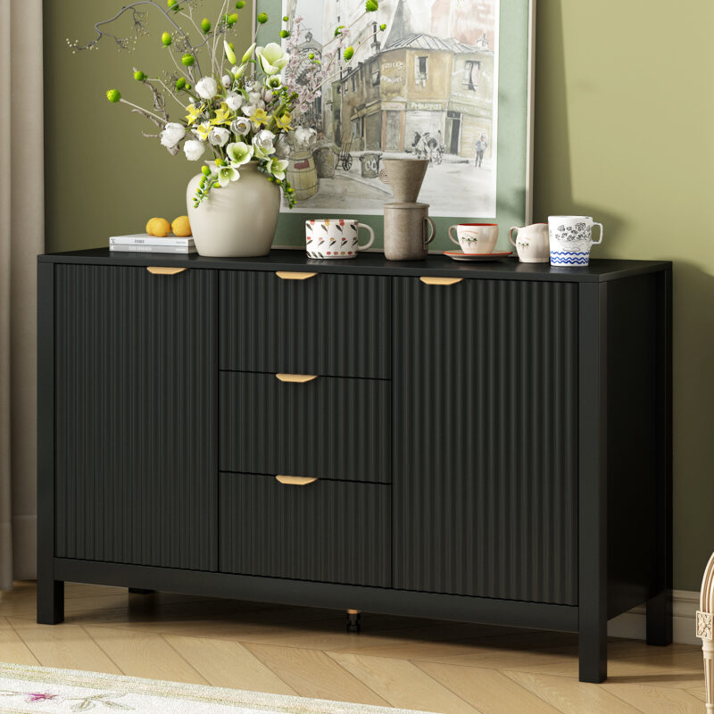 U_STYLE Sideboard with Wave Design - 3 Adjustable Shelves, 3 Drawers & Soft-Close Doors, Storage Console Table with Metal Handles, Suitable for Study, Hallway and Living Room - Image 16