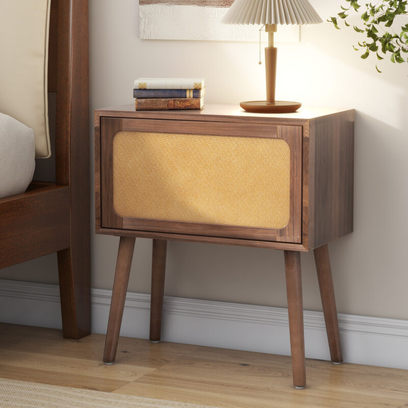 Rotating Hidden Compartment Nightstands, Mid Century Modern Concealment Furniture, Rattan Bed Side Table, Compartment End Table with Wood Legs, Bedside Tables for Bedroom, Living Room, Dorm - Image 15