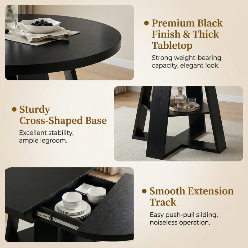 43.3in-59in Extendable Round Dining Table for 4-8,Modern Kitchen Oval Dining Table with Removable Leaves Space Saving,Wood Base with Storage Shelf for Kitchen Living Room - Image 23