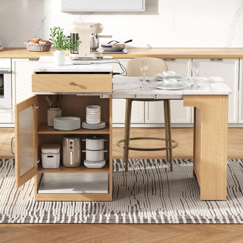 K&K 59.5" Kitchen Island with Extendable Dining Table, Kitchen Storage Table with Double-sided Storage, Kitchen Island with 2 Drawers, Power Outlet, Side Open Shelves, for Kitchen, Dining Room - Image 18