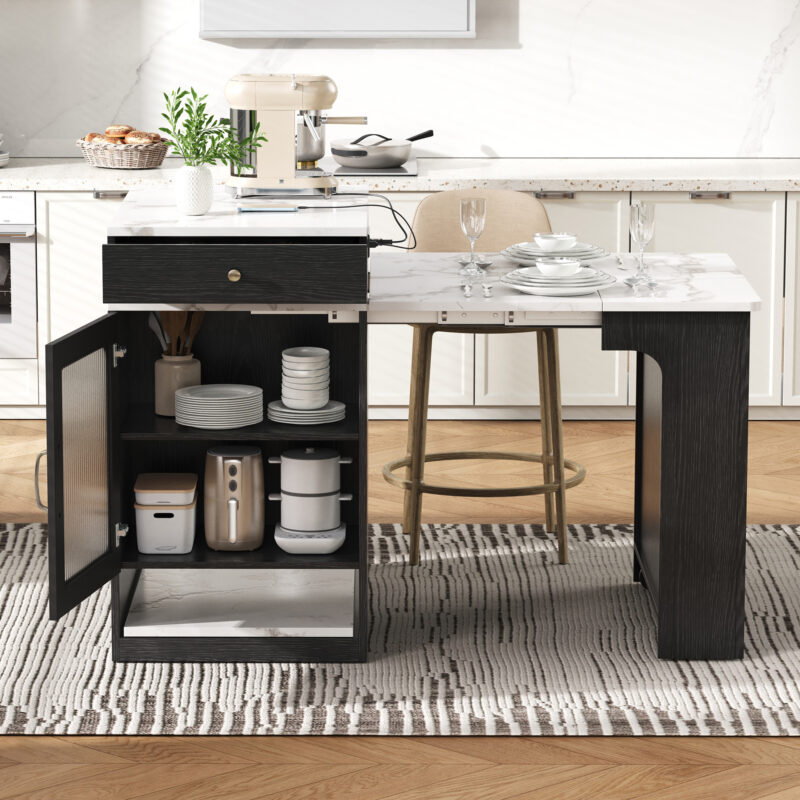 K&K 59.5" Kitchen Island with Extendable Dining Table, Kitchen Storage Table with Double-sided Storage, Kitchen Island with 2 Drawers, Power Outlet, Side Open Shelves, for Kitchen, Dining Room - Image 5