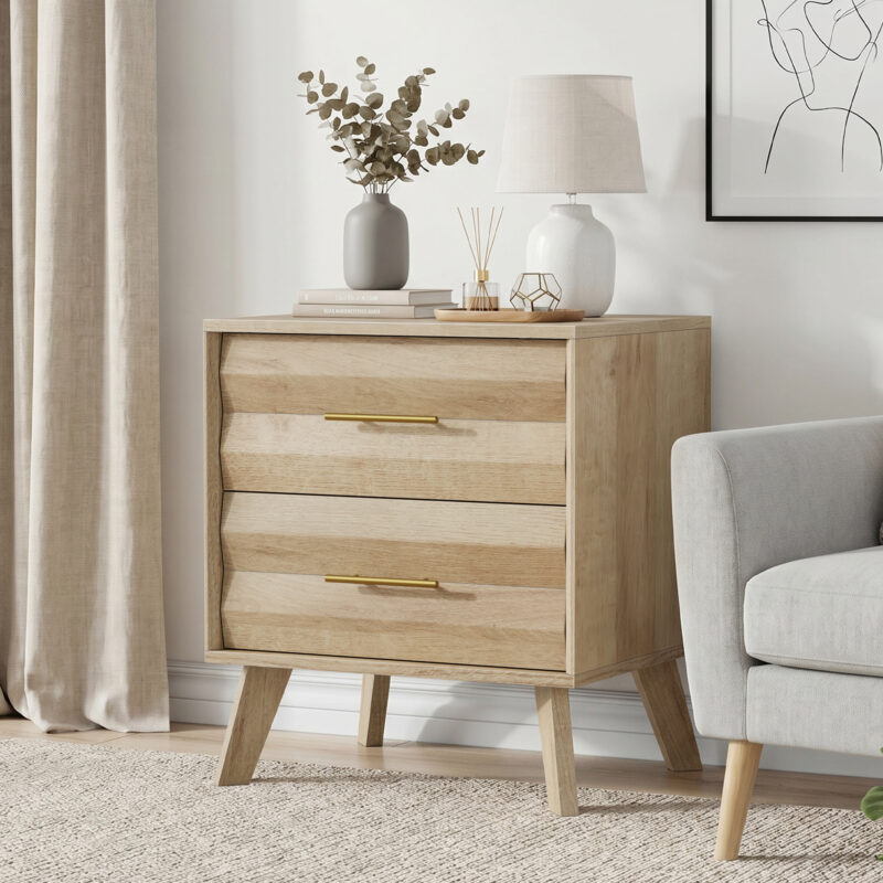 Walnut-colored double drawer bedside table, medieval-style modern bedroom bedside storage cabinet, bedside table with metal handles - Image 7