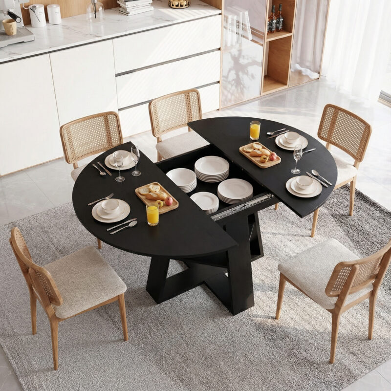 43.3in-59in Extendable Round Dining Table for 4-8,Modern Kitchen Oval Dining Table with Removable Leaves Space Saving,Wood Base with Storage Shelf for Kitchen Living Room - Image 22