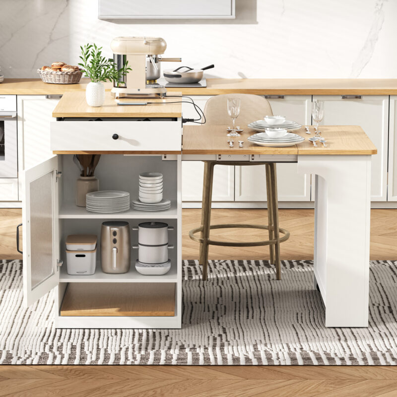 K&K 59.5" Kitchen Island with Extendable Dining Table, Kitchen Storage Table with Double-sided Storage, Kitchen Island with 2 Drawers, Power Outlet, Side Open Shelves, for Kitchen, Dining Room - Image 28