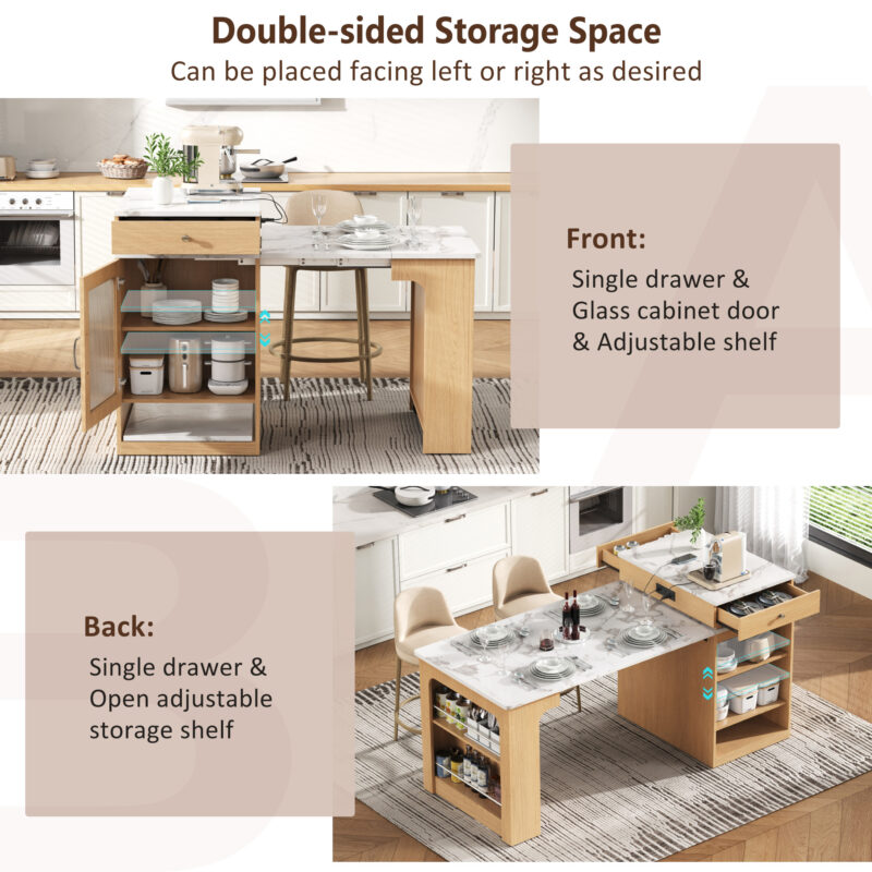 K&K 59.5" Kitchen Island with Extendable Dining Table, Kitchen Storage Table with Double-sided Storage, Kitchen Island with 2 Drawers, Power Outlet, Side Open Shelves, for Kitchen, Dining Room - Image 14