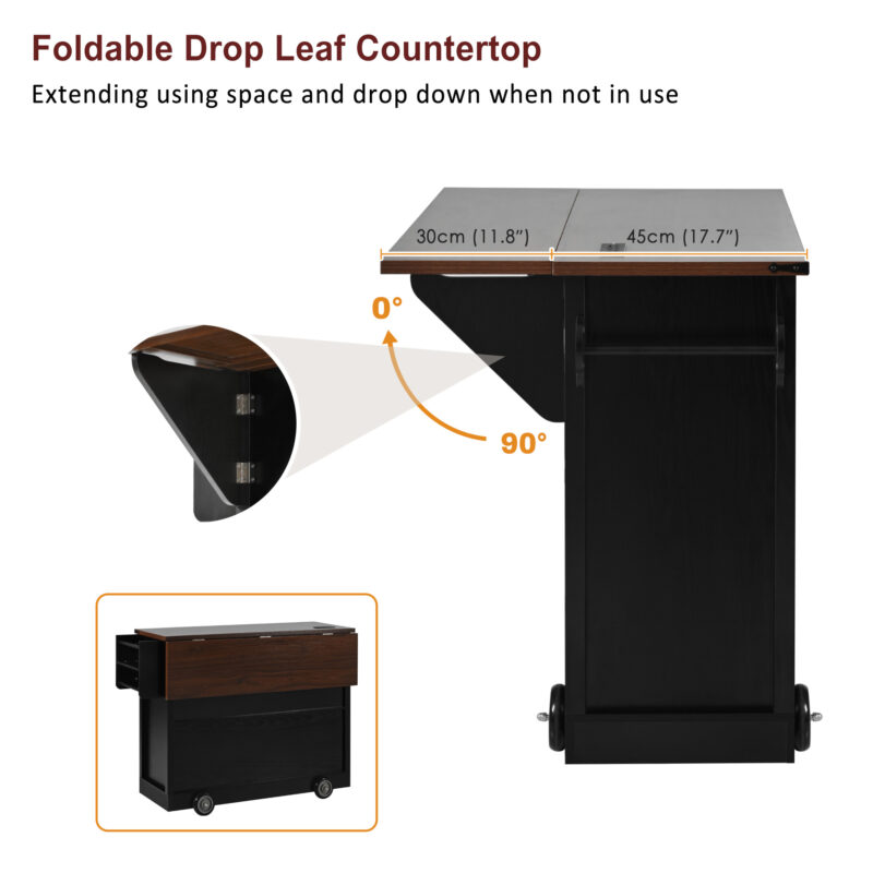 K&K 54" Farmhouse Kitchen Island with Drop Leaf, Power Outlet, Kitchen Storage Cart with 2 Doors, 2 Drawers, Rolling Kitchen Island on 4 Large Wheels with Spice Rack for Kitchen, Dining Room - Image 10