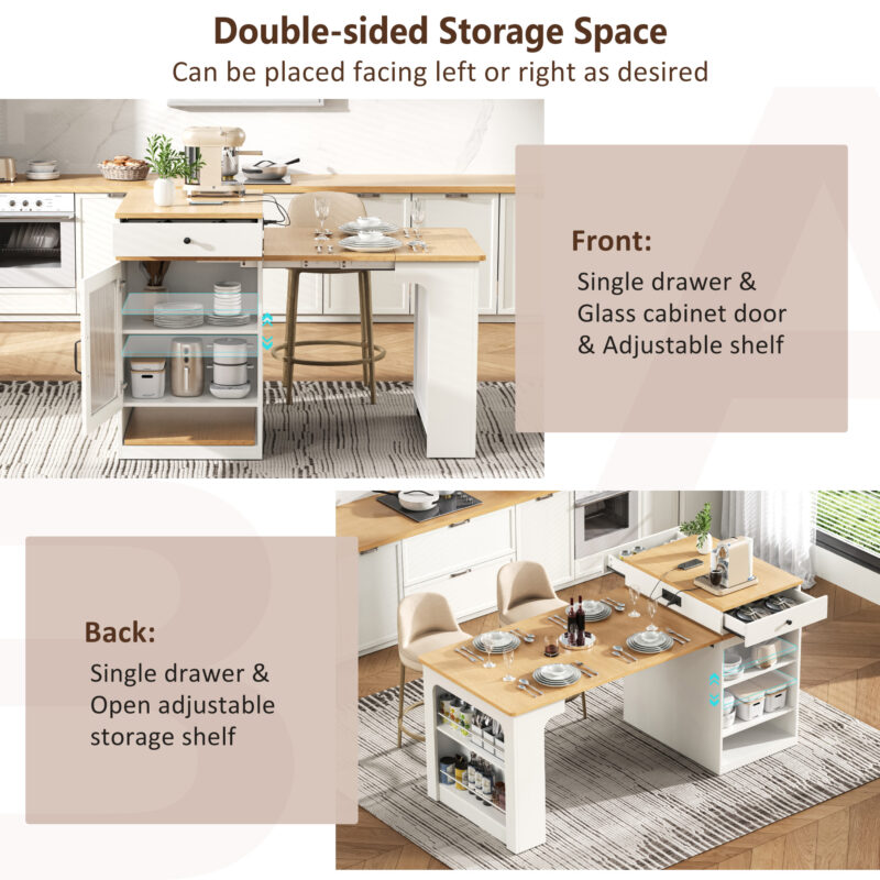 K&K 59.5" Kitchen Island with Extendable Dining Table, Kitchen Storage Table with Double-sided Storage, Kitchen Island with 2 Drawers, Power Outlet, Side Open Shelves, for Kitchen, Dining Room - Image 24
