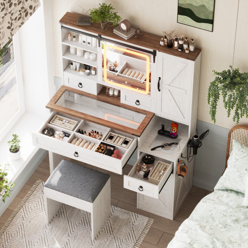 Farmhouse Vanity Desk with Sliding Mirror and Lights, Vanity Set with Glass Top and Charging Station ,Dressing Table with 4 Drawers and 2 Cabinets, Dressing Table with Stool for Bedroom - Image 3