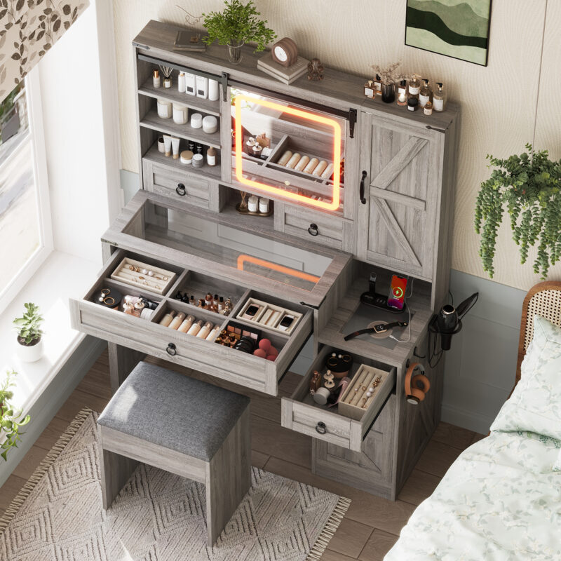 Farmhouse Vanity Desk with Sliding Mirror and Lights, Vanity Set with Glass Top and Charging Station ,Dressing Table with 4 Drawers and 2 Cabinets, Dressing Table with Stool for Bedroom - Image 17