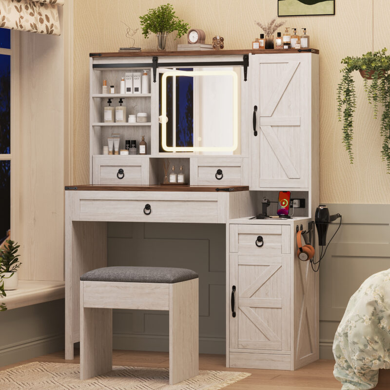 Farmhouse Vanity Desk with Sliding Mirror and Lights, Vanity Set with Glass Top and Charging Station ,Dressing Table with 4 Drawers and 2 Cabinets, Dressing Table with Stool for Bedroom - Image 2