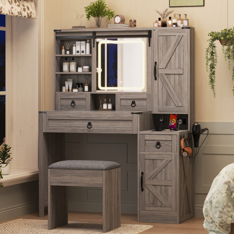 Farmhouse Vanity Desk with Sliding Mirror and Lights, Vanity Set with Glass Top and Charging Station ,Dressing Table with 4 Drawers and 2 Cabinets, Dressing Table with Stool for Bedroom - Image 16