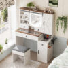 Farmhouse Vanity Desk with Sliding Mirror and Lights, Vanity Set with Glass Top and Charging Station ,Dressing Table with 4 Drawers and 2 Cabinets, Dressing Table with Stool for Bedroom