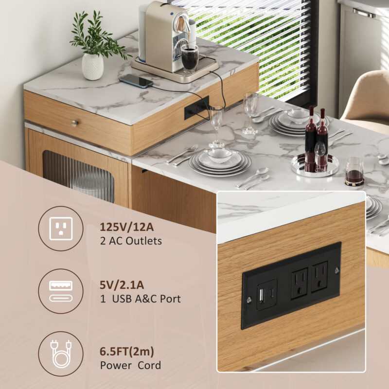 K&K 59.5" Kitchen Island with Extendable Dining Table, Kitchen Storage Table with Double-sided Storage, Kitchen Island with 2 Drawers, Power Outlet, Side Open Shelves, for Kitchen, Dining Room - Image 13