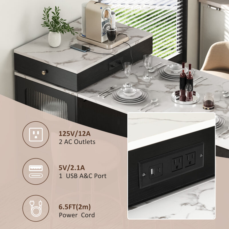K&K 59.5" Kitchen Island with Extendable Dining Table, Kitchen Storage Table with Double-sided Storage, Kitchen Island with 2 Drawers, Power Outlet, Side Open Shelves, for Kitchen, Dining Room - Image 9