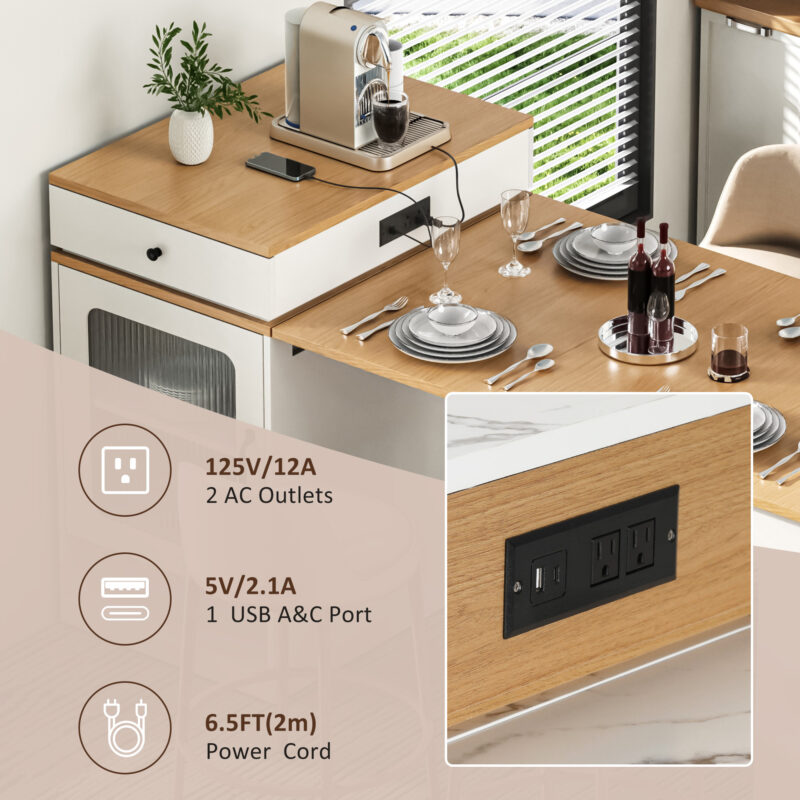 K&K 59.5" Kitchen Island with Extendable Dining Table, Kitchen Storage Table with Double-sided Storage, Kitchen Island with 2 Drawers, Power Outlet, Side Open Shelves, for Kitchen, Dining Room - Image 23
