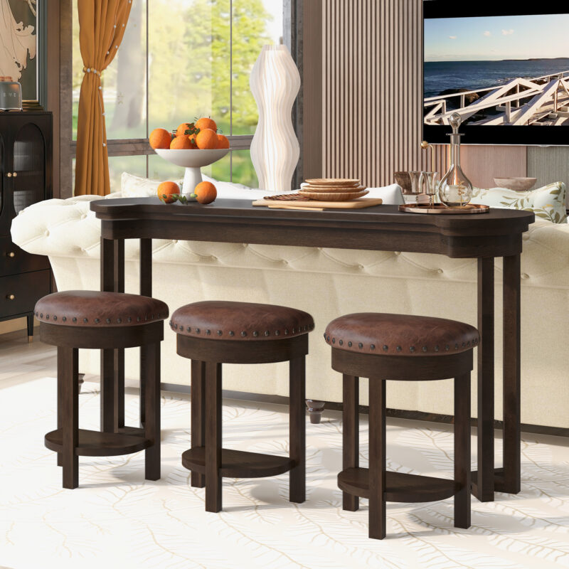 4 Piece Bar Table Set with3 PU Upholstered Bar Stools, Breakfast Table with 3 Padded Stools Solid Wood Counter Height Dining Table Set for Living Room, Dining Room - Image 17