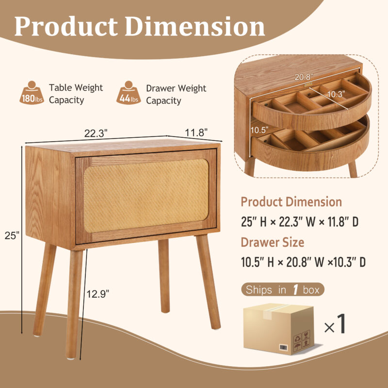 Rotating Hidden Compartment Nightstands, Mid Century Modern Concealment Furniture, Rattan Bed Side Table, Compartment End Table with Wood Legs, Bedside Tables for Bedroom, Living Room, Dorm - Image 4
