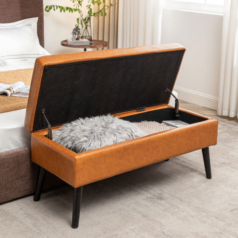 Storage Bench with Storage Bench for Bedroom End of Bed Bench Foot of Bed Bench Entryway Bench Storage Ottoman Bench 43.3" W x 17.7" Brown Leather Bench - Image 4