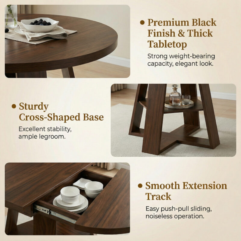 43.3in-59in Extendable Round Dining Table for 4-8,Modern Kitchen Oval Dining Table with Removable Leaves Space Saving,Wood Base with Storage Shelf for Kitchen Living Room - Image 5