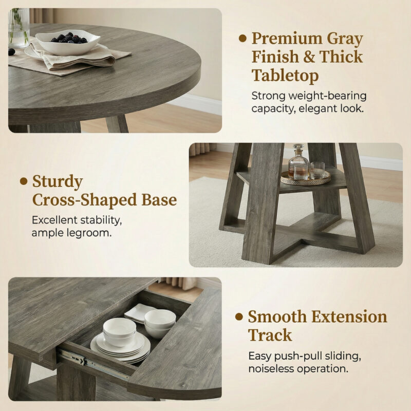 43.3in-59in Extendable Round Dining Table for 4-8,Modern Kitchen Oval Dining Table with Removable Leaves Space Saving,Wood Base with Storage Shelf for Kitchen Living Room - Image 18