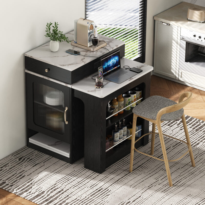 K&K 59.5" Kitchen Island with Extendable Dining Table, Kitchen Storage Table with Double-sided Storage, Kitchen Island with 2 Drawers, Power Outlet, Side Open Shelves, for Kitchen, Dining Room - Image 6