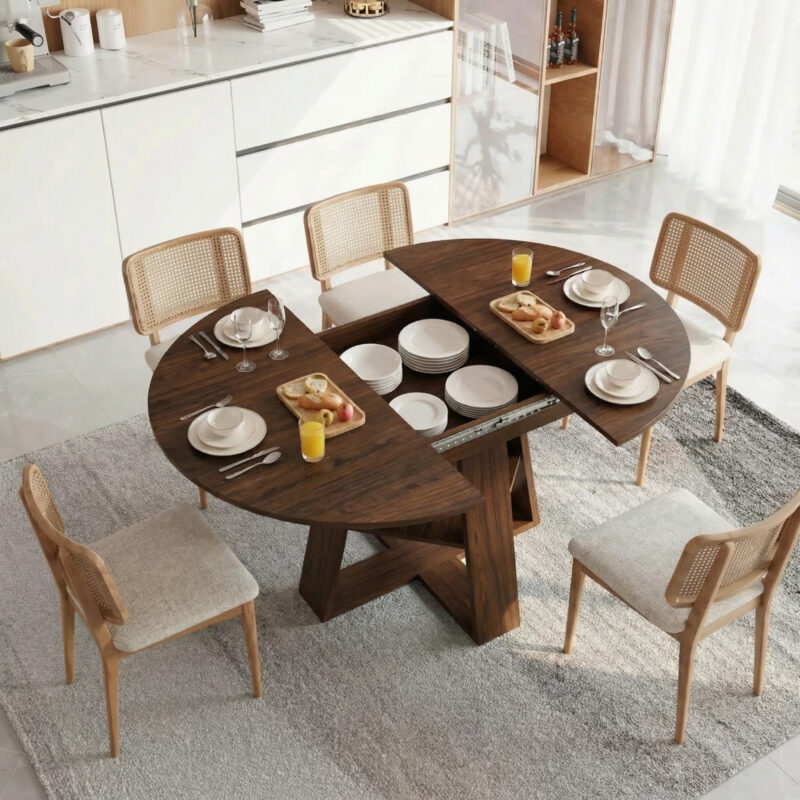 43.3in-59in Extendable Round Dining Table for 4-8,Modern Kitchen Oval Dining Table with Removable Leaves Space Saving,Wood Base with Storage Shelf for Kitchen Living Room - Image 3