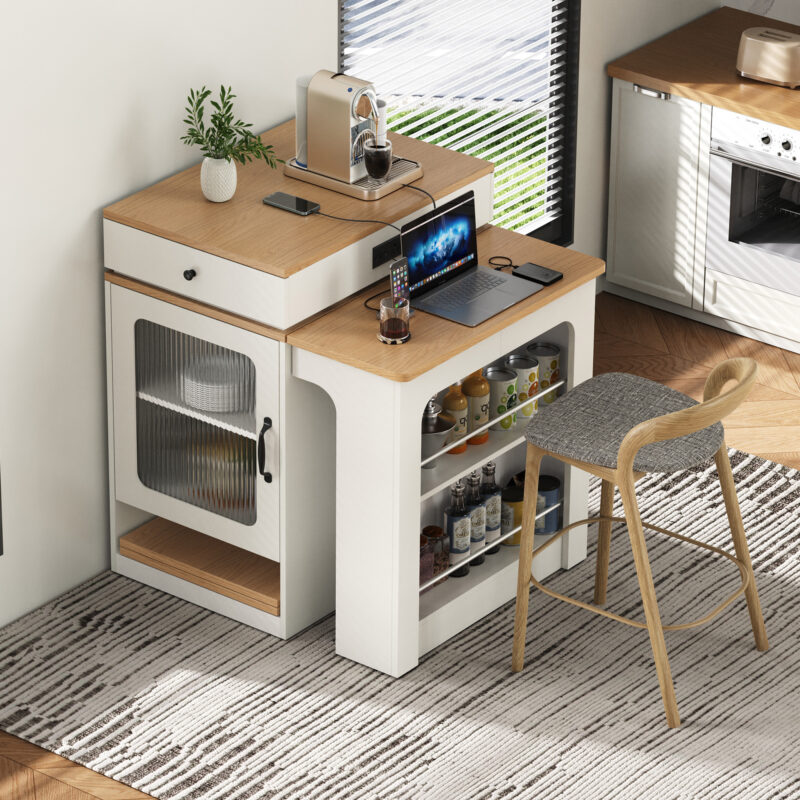K&K 59.5" Kitchen Island with Extendable Dining Table, Kitchen Storage Table with Double-sided Storage, Kitchen Island with 2 Drawers, Power Outlet, Side Open Shelves, for Kitchen, Dining Room - Image 27