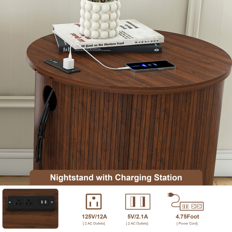 Mid Century Modern Cylinder End Table with Built-in Charging Station & Sliding Door, 2-Tier Storage Round Nightstand with USB Ports, Walnut Bedside Table for Living Room, Bedroom, Entryway - Image 6