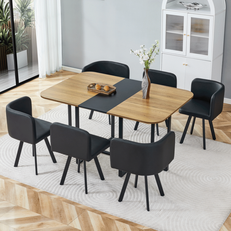7-Piece Dining Table Set for 6, 1 Table & 6 Black PU Upholstered Chairs, Black & Wood Grain Melamine Table, Modern Kitchen Nook Set for Dining Room, Apartment & Small Space - Image 2