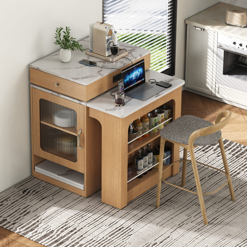 K&K 59.5" Kitchen Island with Extendable Dining Table, Kitchen Storage Table with Double-sided Storage, Kitchen Island with 2 Drawers, Power Outlet, Side Open Shelves, for Kitchen, Dining Room - Image 17